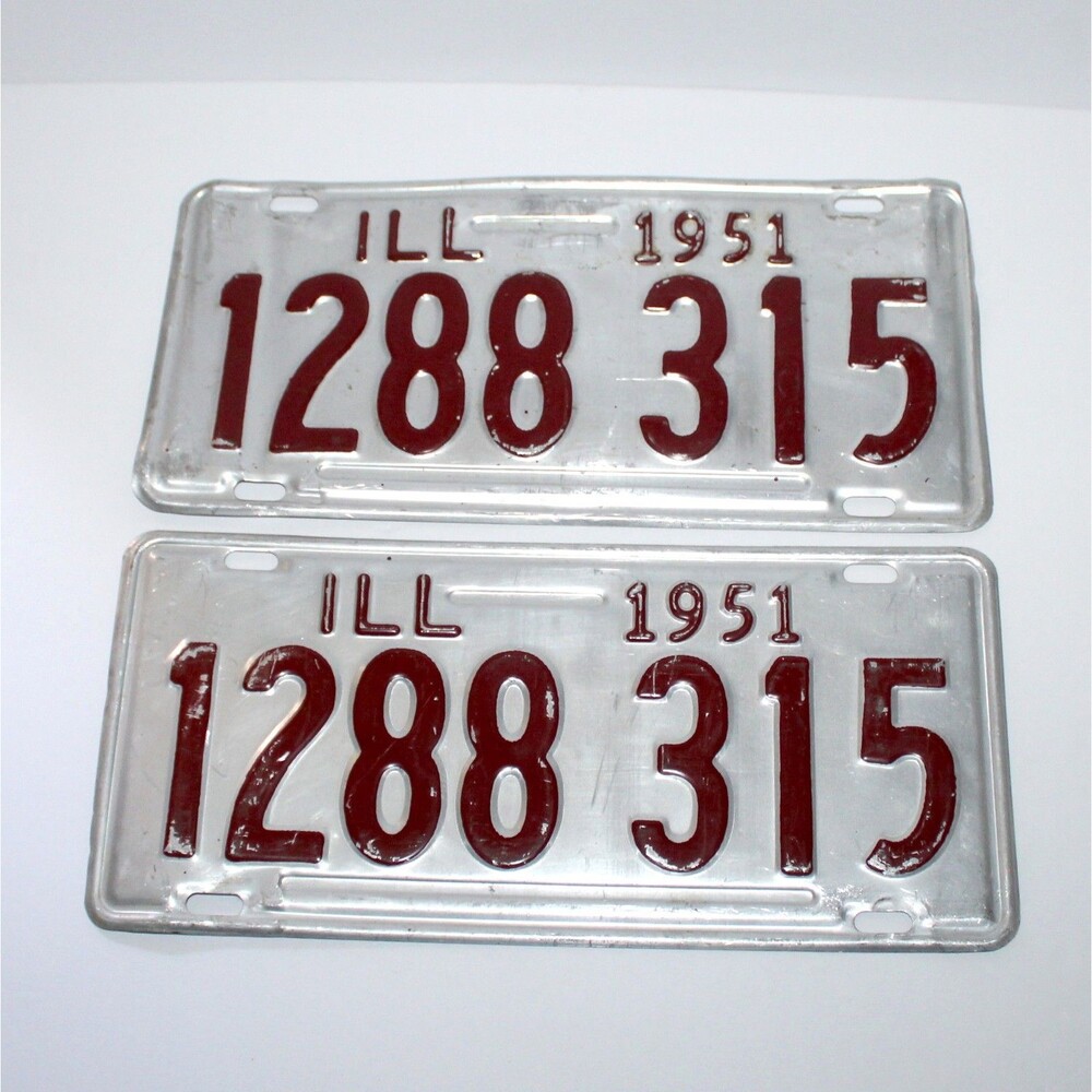 1 Pair License Plate Illinois 1951 Vintage metal enamel silver red original
